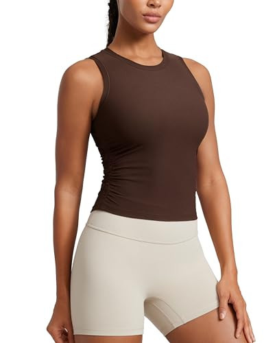 CRZ YOGA Cloudweight Womens Ruched Tank High Neck Workout Fitted Tops Basic Yoga Athletic Sleeveless Shirts Coffee Brown Small | Amazon (US)