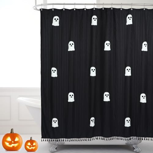 Mindsoft Halloween Ghost Shower Curtain, 72 x 72 Inch Cotton Spooky Cute Funny Shower Curtain with 12 Hooks for Halloween Bathroom Ghost Bathtub Vintage Gothic Horror Decor(Black) | Amazon (US)