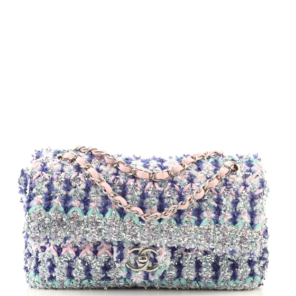 Chanel Classic Single Flap Bag Quilted Tweed and Ribbon Medium Blue 1758742 | Rebag