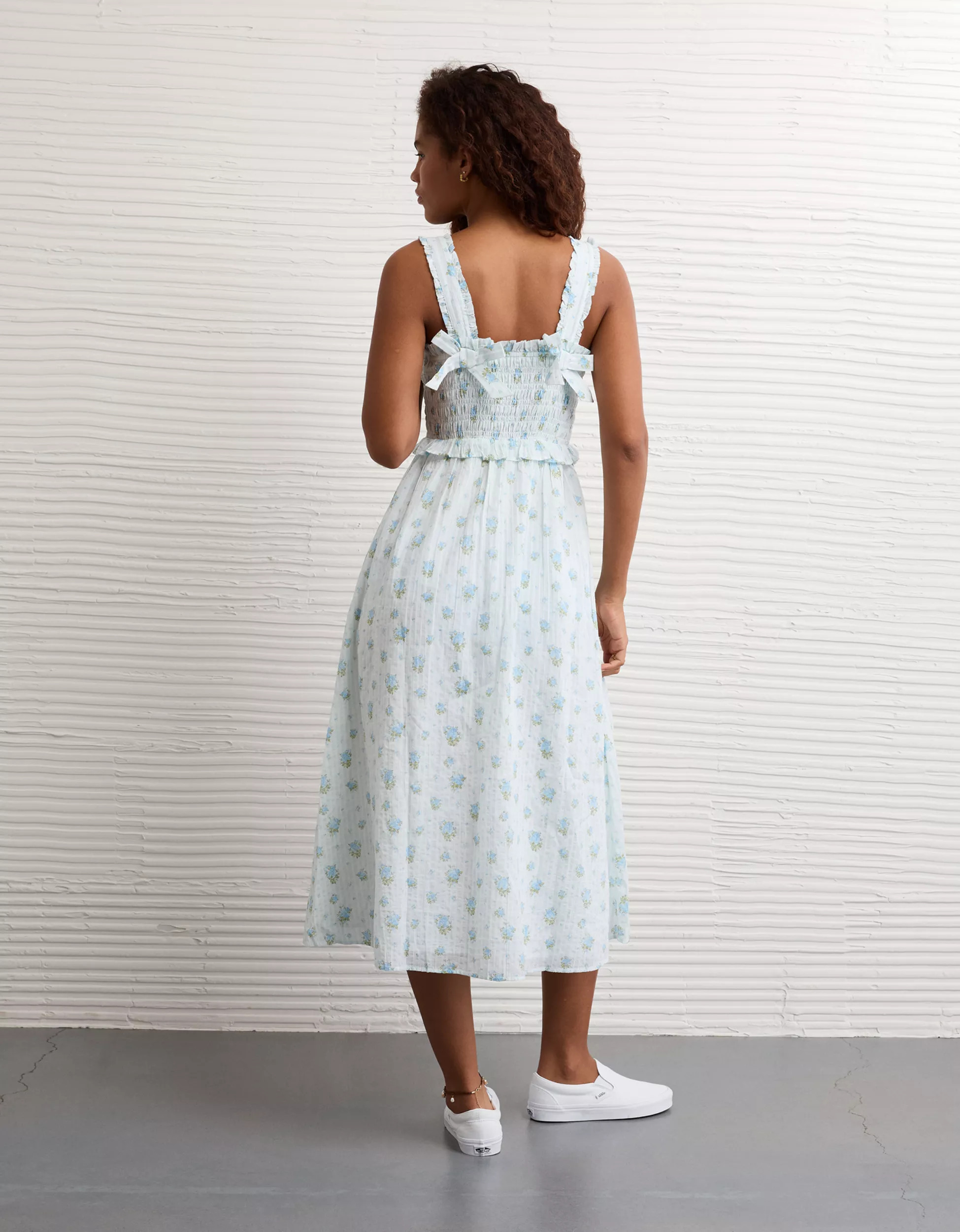 AE Back Bow Smocked Midi Dress | American Eagle Outfitters (US & CA)