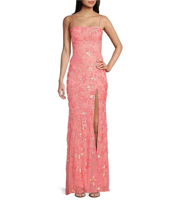 Sequin Pattern Front Slit Long Dress | Dillard's