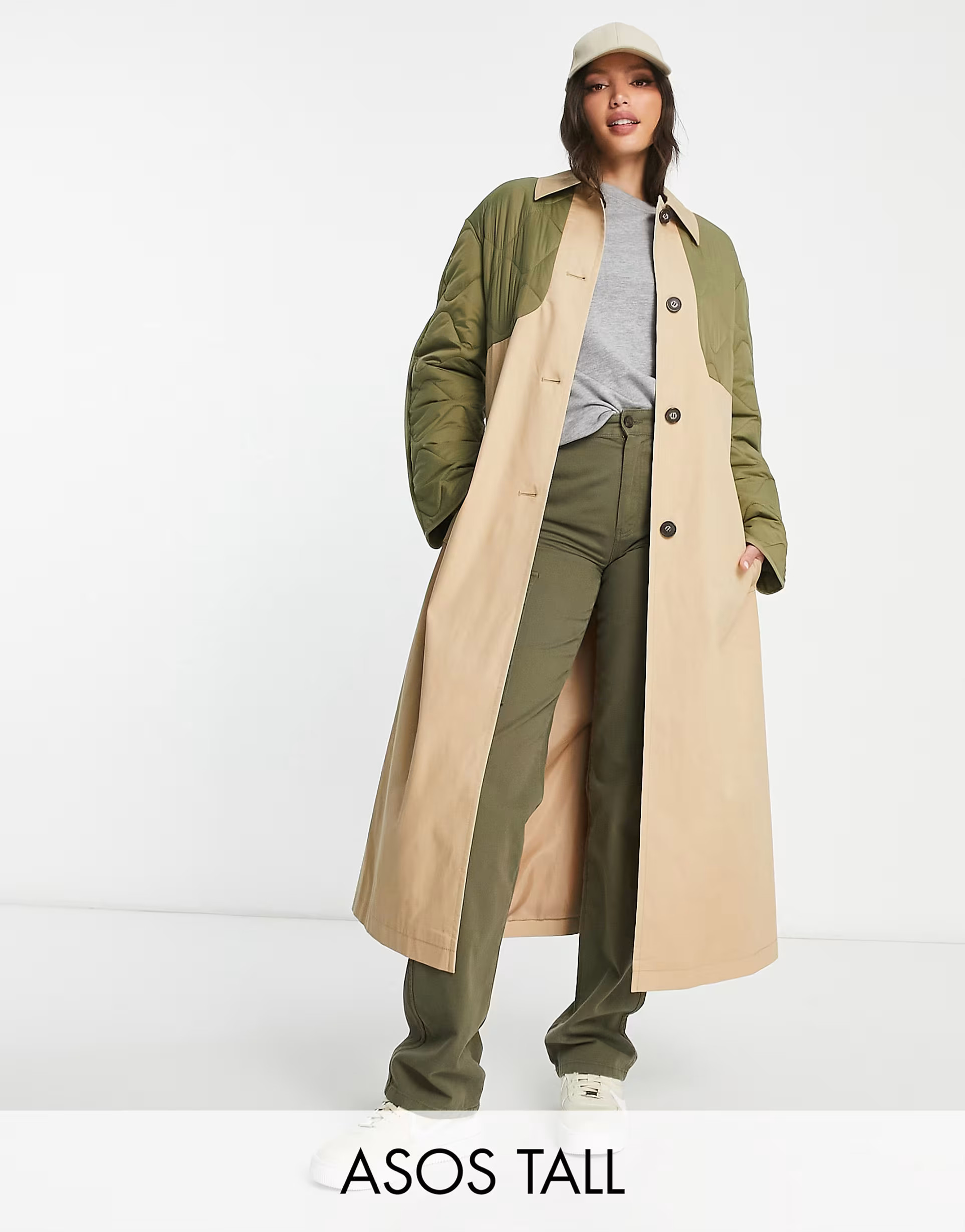 ASOS DESIGN Tall hybrid quilted trench coat in khaki | ASOS (Global)
