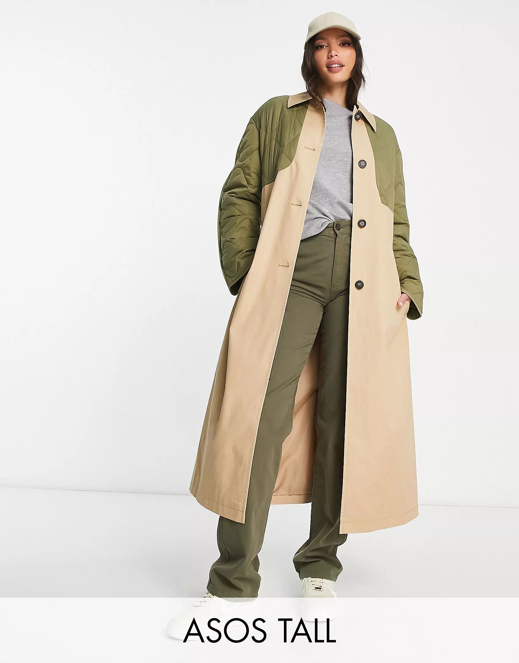 ASOS DESIGN Tall hybrid quilted trench coat in khaki | ASOS (Global)