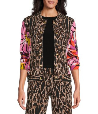 Coordinating Abstract Animal Floral Print Notch Collar Long Sleeve Short Jean Jacket | Dillard's