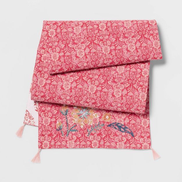 72" x 14" Cotton Printed Embroidered Reversible Table Runner Pink - Threshold™ | Target