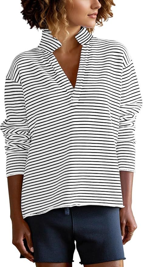 MISSACTIVER Womens V Neck Striped Sweatshirt Long Sleeve Collared Henley Shirts Fall Loose Fit Pu... | Amazon (US)