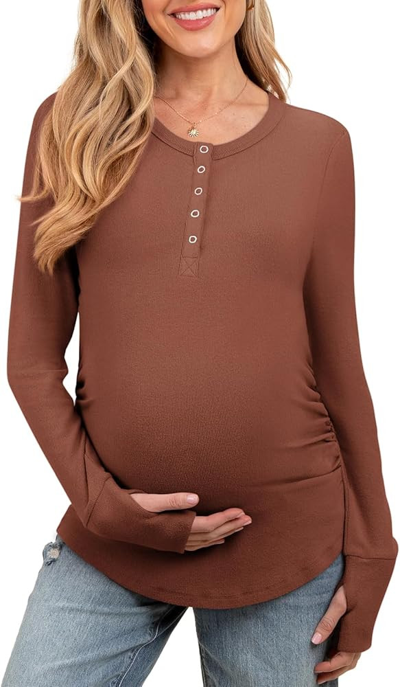 Women's Maternity Shirts Casual Long Sleeve Round Neck Button Side Ruched Pregnancy Clothes S-XXL | Amazon (US)