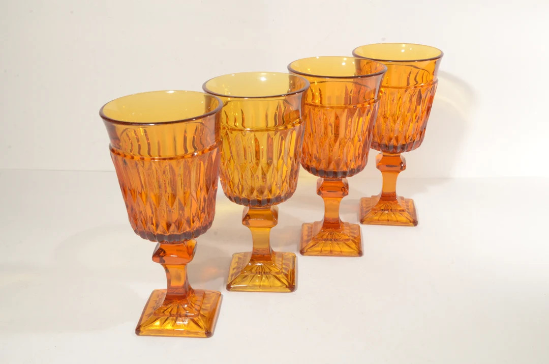 Set of 4 Mt Vernon Pattern by Indiana Glass in Amber Liquor Glass Goblet 4 Fluid Oz Square Base P... | Etsy (US)