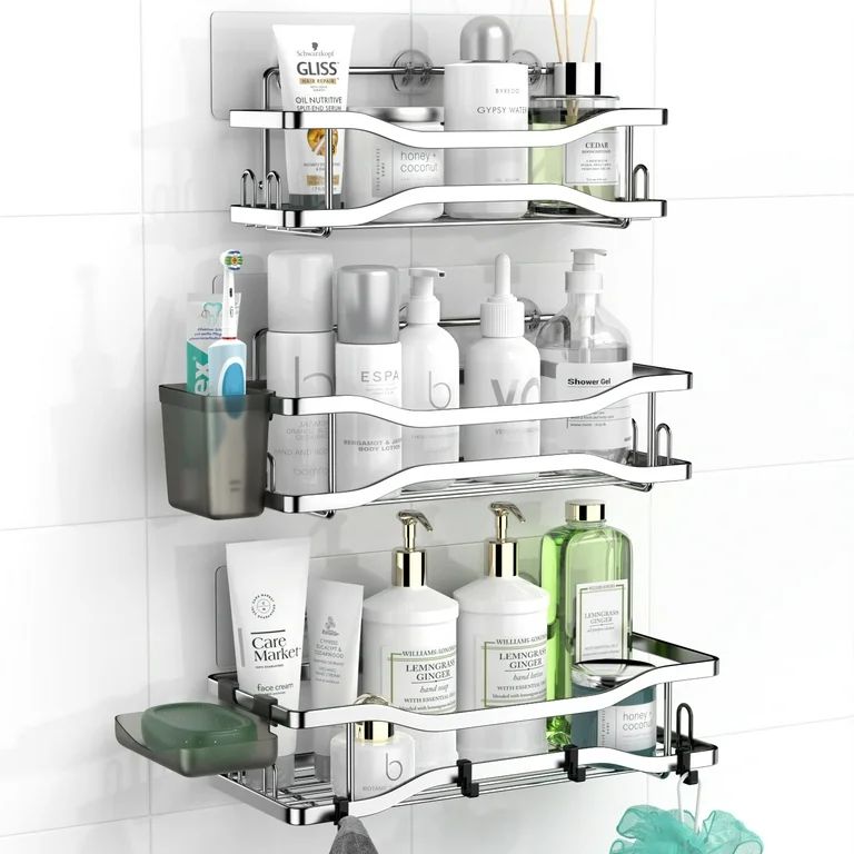 TINANA Bathroom Shower Caddy , 3 Pack Stainless Steel Adhesive Shelves with Hooks, Toothpaste & S... | Walmart (US)