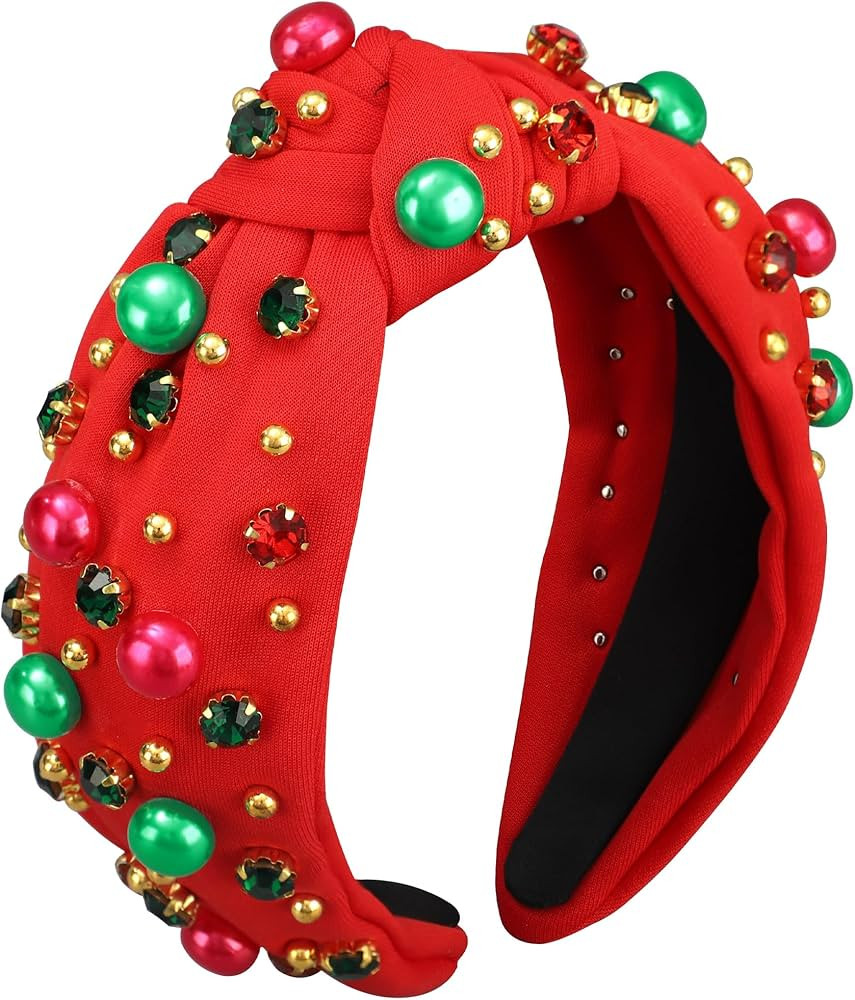 Christmas Headband for Women Xmas Bow Knotted Headbands Red Jeweled Crystal Top Knot Hairband Rhi... | Amazon (US)