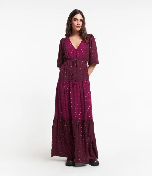 Vestido Longo em Viscose com Manga 3/4 e Amarração Frontal Vermelho Marsala | Renner (BR)