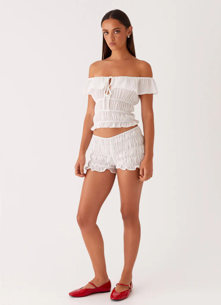 Girls Like Us Ruched Mini Shorts - White | Peppermayo (Global)