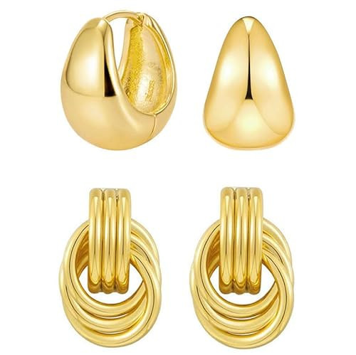 2 Pairs Gold Chunky Knot Earrings Huggie Hoop Earring for Women Trendy Statement Earrings Geometric Earring Jewelry | Amazon (US)