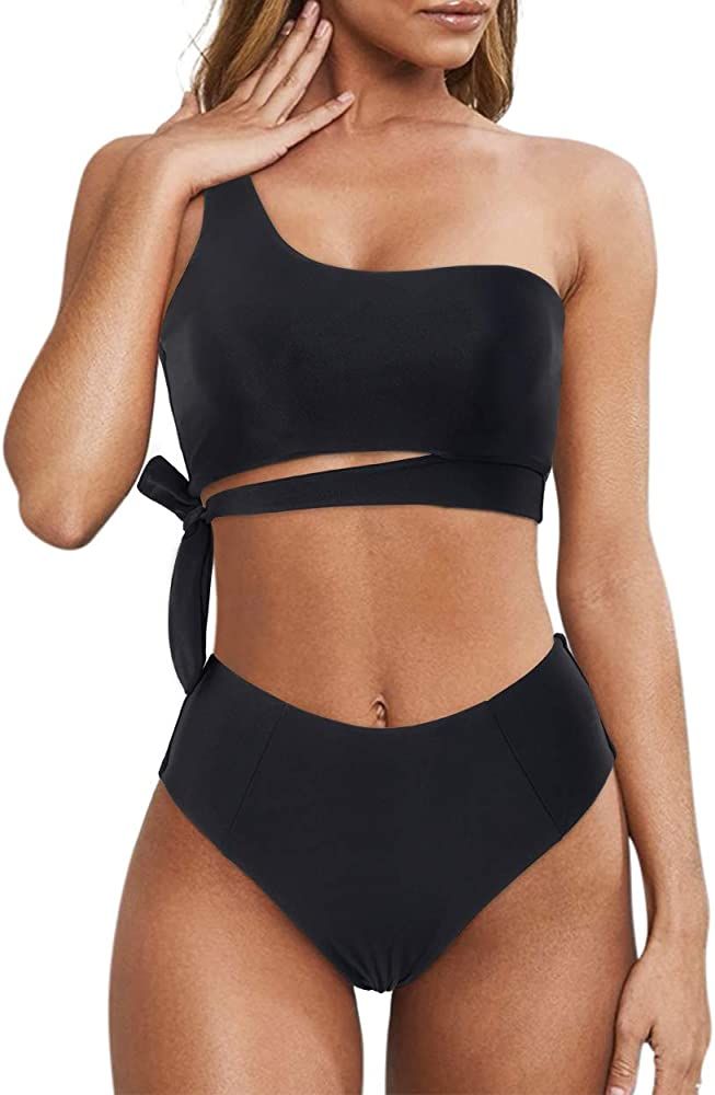 MOOSLOVER Women One Shoulder High Waisted Bikini Tie High Cut Two Piece Swimsuits | Amazon (US)