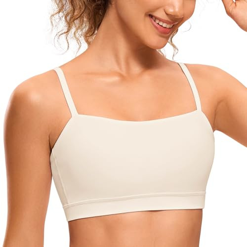 CRZ YOGA Butterluxe Womens Adjustable Spaghetti Thin Strap Sports Bra - Padded Wireless Square Neck Workout Yoga Clothes White Apricot XX-Small | Amazon (US)