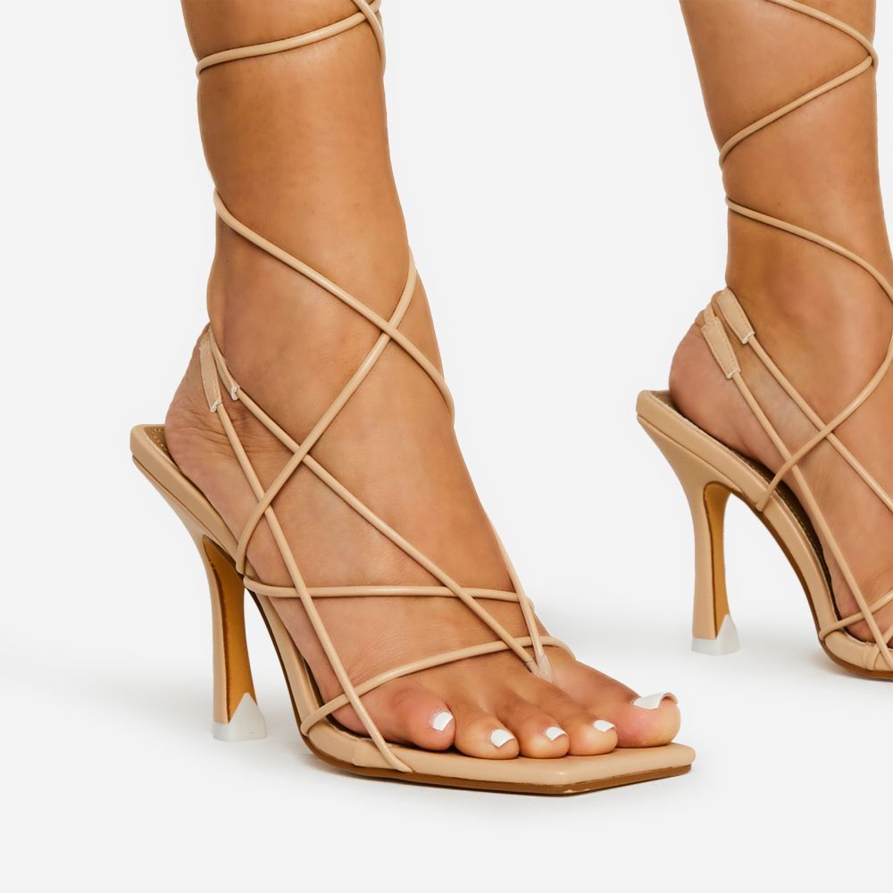 Lipa Thigh High Lace Up Strappy Square Toe Heel In Nude Faux Leather | EGO Shoes (US & Canada)