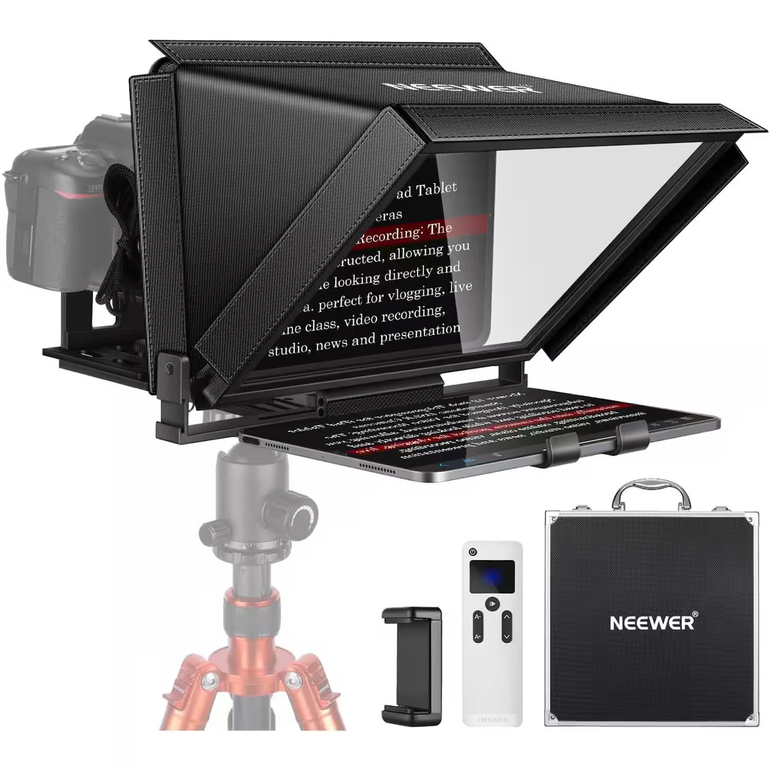 Neewer - 14"" Aluminum Teleprompter for iPad & DSLR - with Remote, Case & App for Streaming & Teaching - Black | Best Buy U.S.