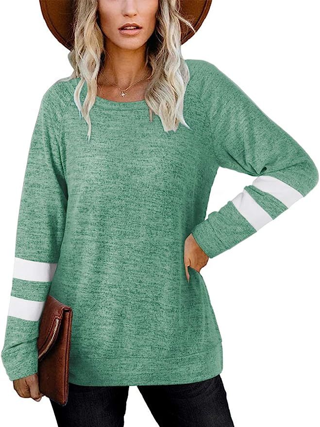 NSQTBA Womens Crewneck Sweatshirts Color Block Long Sleeve Sweaters Tunic Tops | Amazon (US)