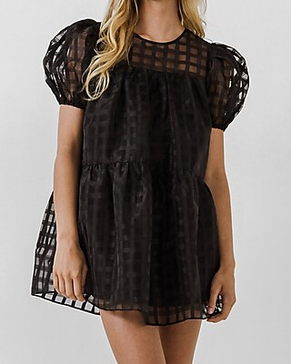 English Factory Gridded Puff Sleeve Dress | Express