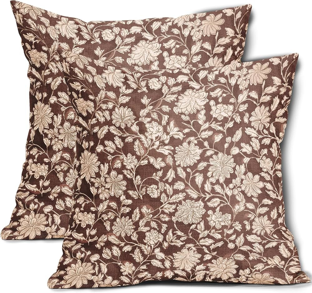 Brown Floral Pillowcase Set of 2 Brown and Cream Vintage Floral Throw Pillows Square 18x18 Inch R... | Amazon (US)