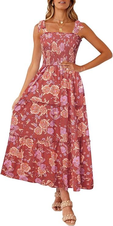ZESICA Women's Boho Summer Floral Print Tie Straps Sleeveless Square Neck Smocked Flowy Ruffle A ... | Amazon (US)