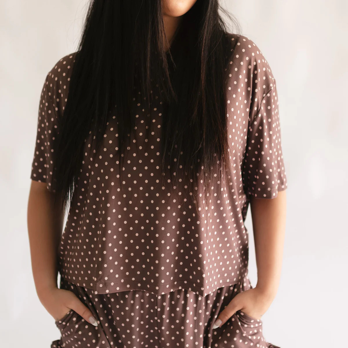 Women's Ruffle Short Set in Brown & Pink Polka Dot | Silks Design