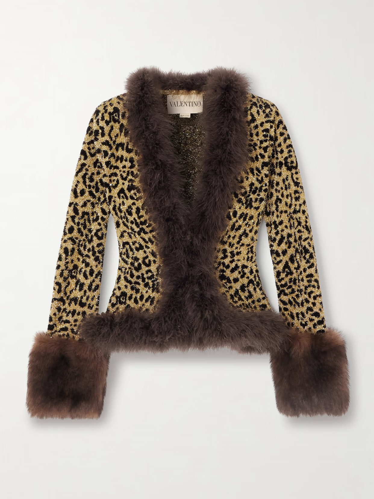 Valentino Garavani - Feather And Shearling-trimmed Leopard-jacquard Lurex Cardigan - Animal print | NET-A-PORTER (US)