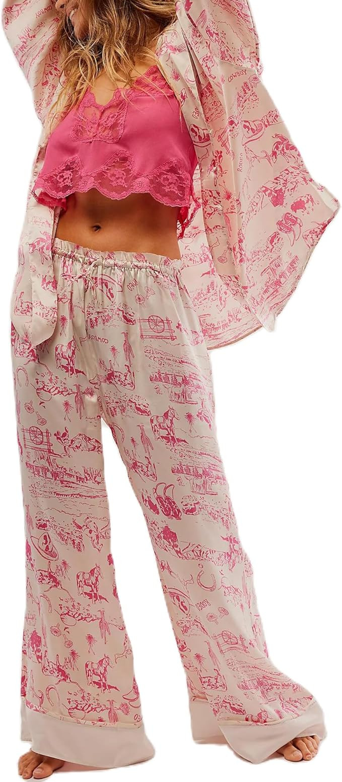 Women Satin Pajama Set Floral Silk Pajamas 2 Piece Lounge Sets Button Down Shirts Wide Leg Pants ... | Amazon (US)