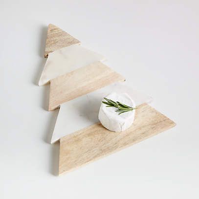 Taiga Holiday Large Wood and Green Marble Christmas Tree Serving Board Platter | Crate & Barrel | Crate & Barrel