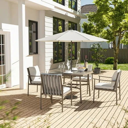 HAPPATIO 5-Piece Outdoor Dining Set for 4, Aluminum Patio Dining Set Includes 1 Large Square Table with Umbrella Hole and 4 Dining Chairs, Patio Furniture Set for Lawn, Porch, or Backyard (Grey) | Walmart (US)