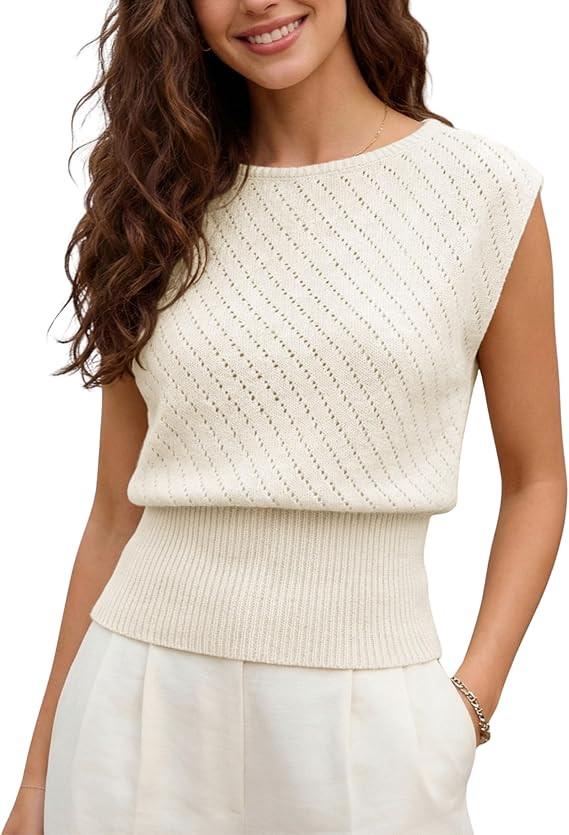 SCUSTY Women's Sleeveless Hollow Out Knit Top Boat Neck Fitted Waist Summer Vest Pullovers | Amazon (US)