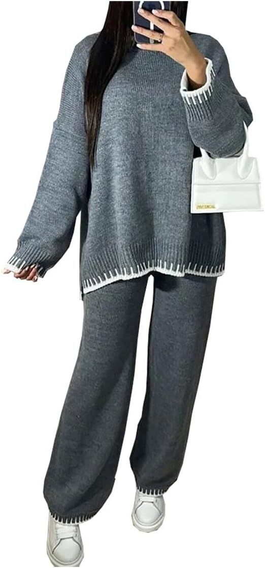 FAIRY TRENDZ Womens Long Sleeve Blanket Stitched Knitted Jumper Top Set Ladies 2PCS Wide Leg Trou... | Amazon (UK)