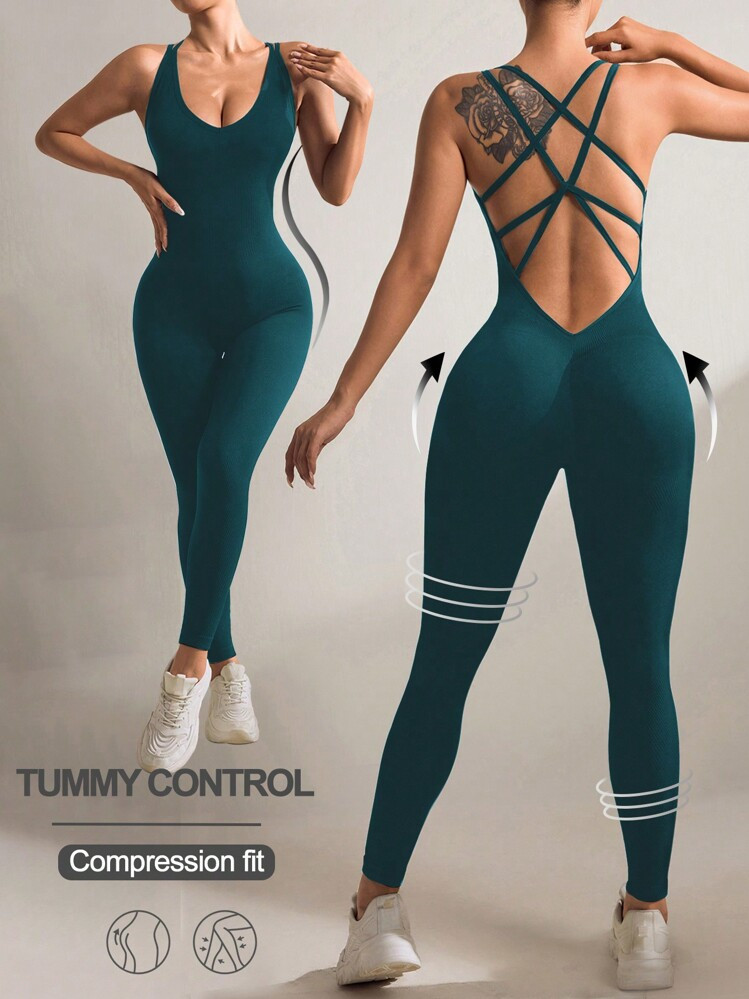 Women's Solid Color Hollow-Out Minimalist Fitted Casual Jumpsuit Full Casual Jumpsuit | SHEIN