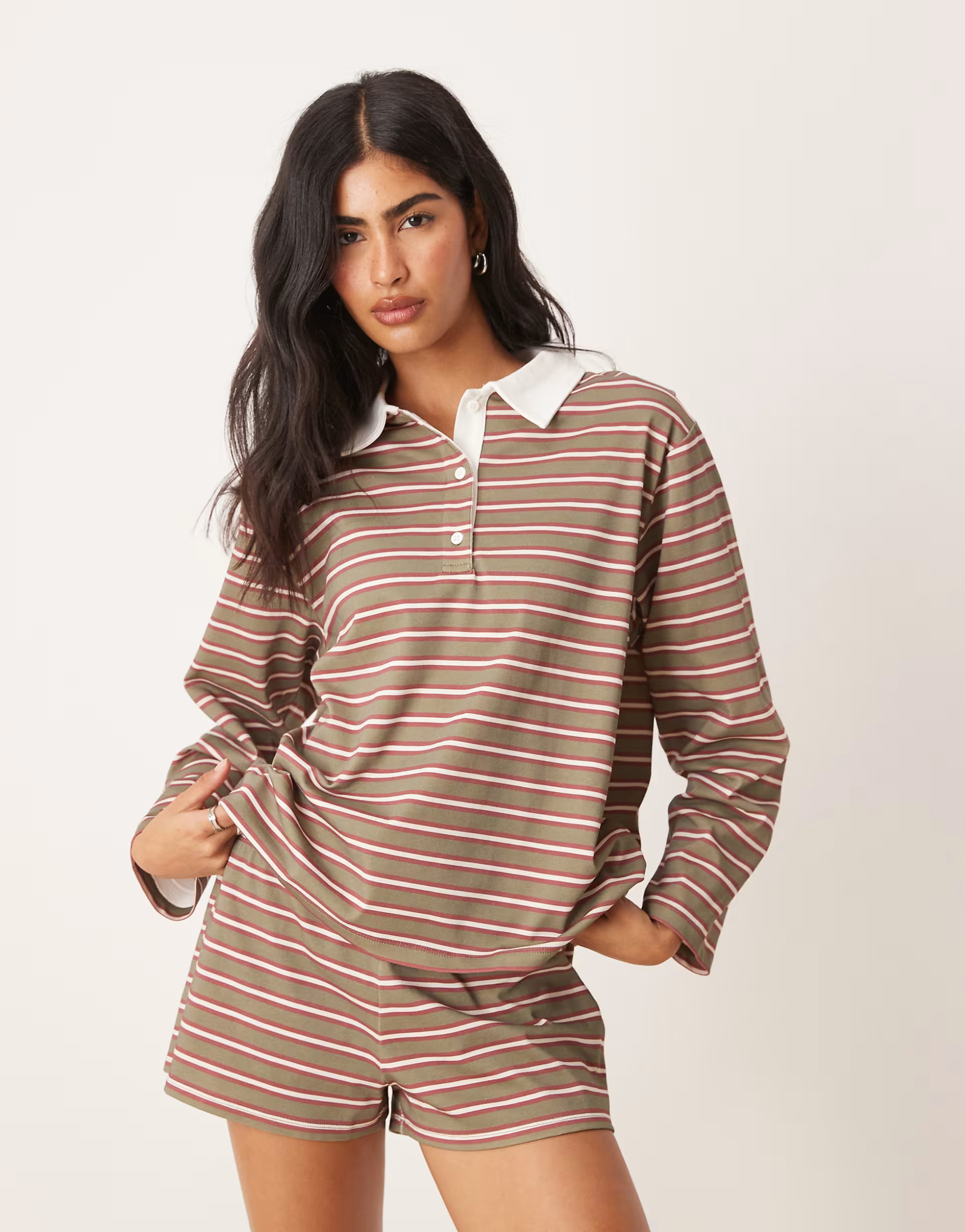 ASOS DESIGN stripe boxy rugby polo top co ord in olive | ASOS | ASOS (Global)