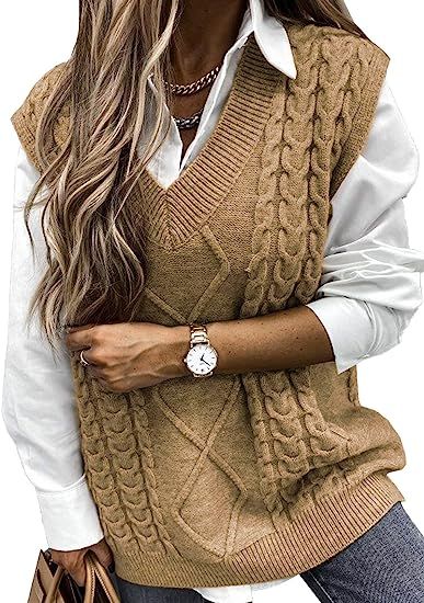 HOTAPEI Sweater Vest Women Oversized V Neck Sleeveless Sweaters Womens Cable Knit Tops at Amazon ... | Amazon (US)