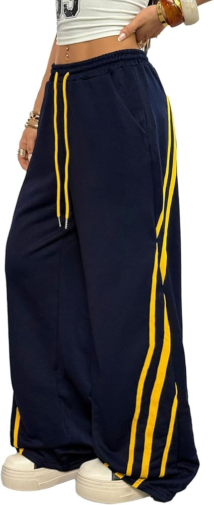 Women's Striped Baggy Sweatpants Drawstring Waist Wide Leg Track Pants Casual Trousers Fall Pants | Amazon (US)