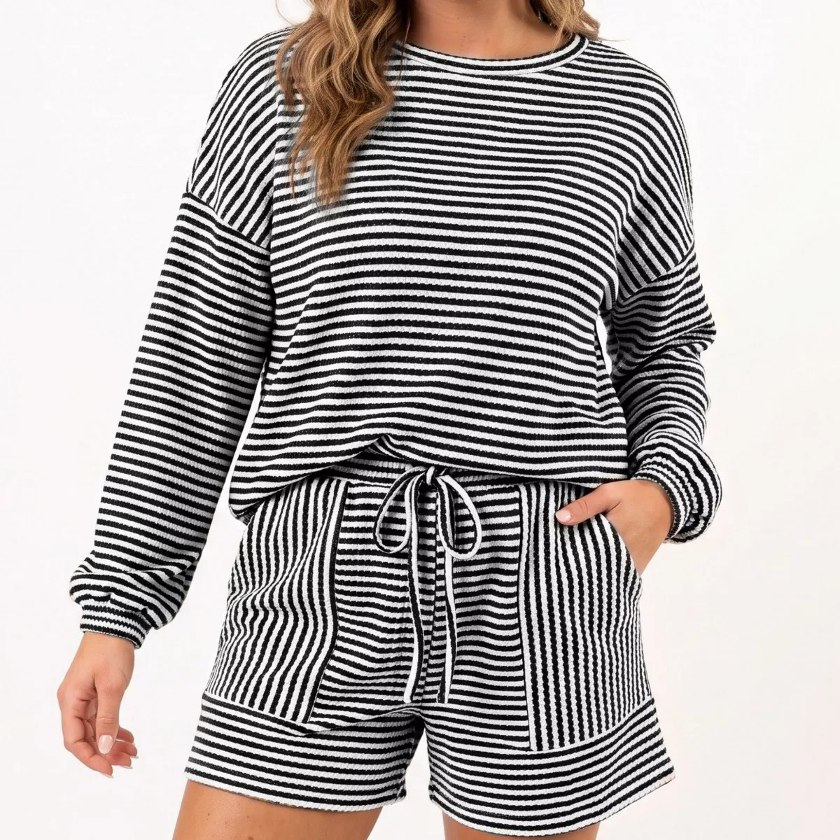 Anna-Kaci Women's Striped 2 Piece Lounge Set with Long Sleeve Top and Drawstring Shorts - Black, ... | Target