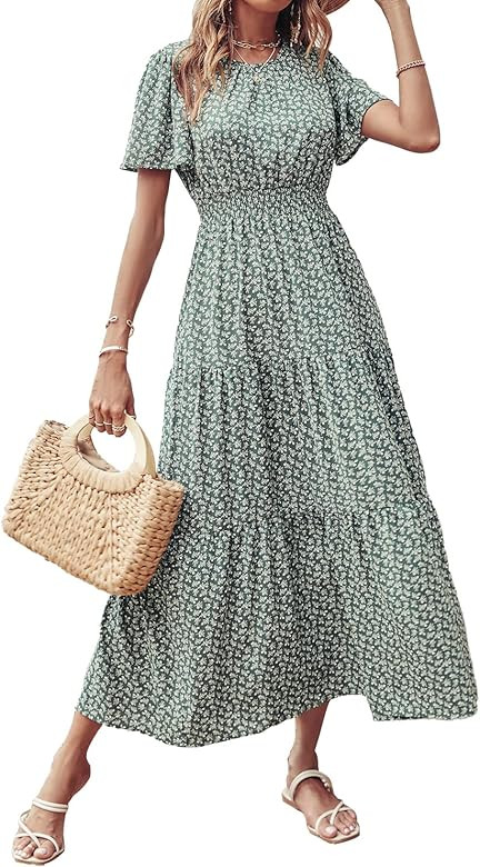 PRETTYGARDEN Women's Summer Casual Short Flutter Sleeve Round Neck Smocked Waist Tiered Boho Flor... | Amazon (US)