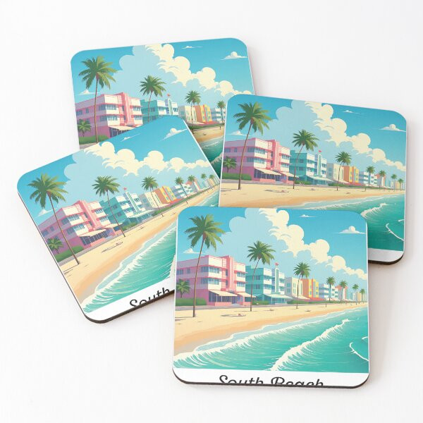 South Beach Miami Travel Poster Coasters (Set of 4) | Redbubble (US)