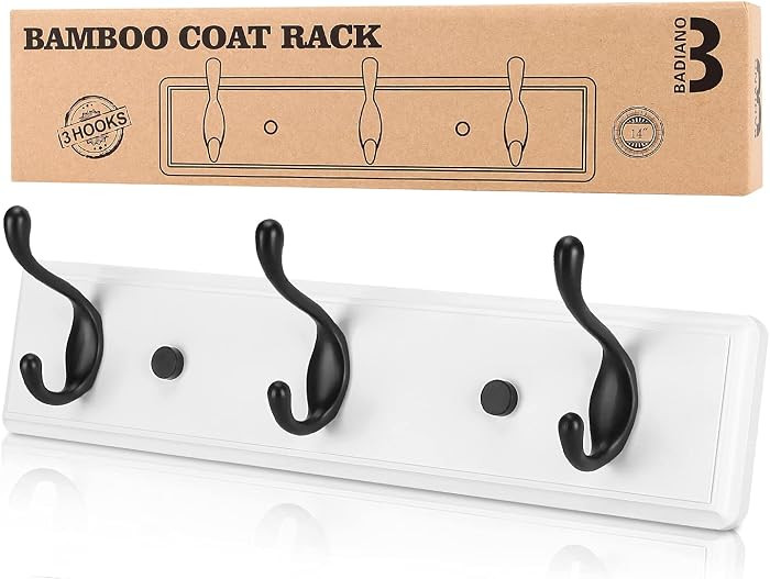 Heavy Duty Wooden Coat Rack, Wall-Mounted, Black Hook White Board, 14 Inch | Amazon (US)