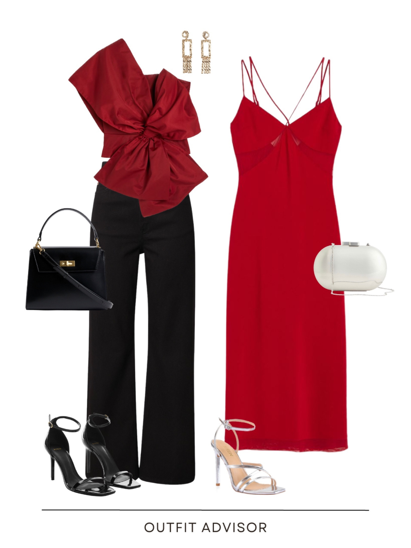 Duo outfit inspo for a Christmas dinner party: a pair of black jeans, black heels, cute handbag, red bow top & gold earrings and a beautiful red dress, silver heels and a clutch bag🎁🎄

#LTKHoliday #LTKparties #LTKCyberWeek