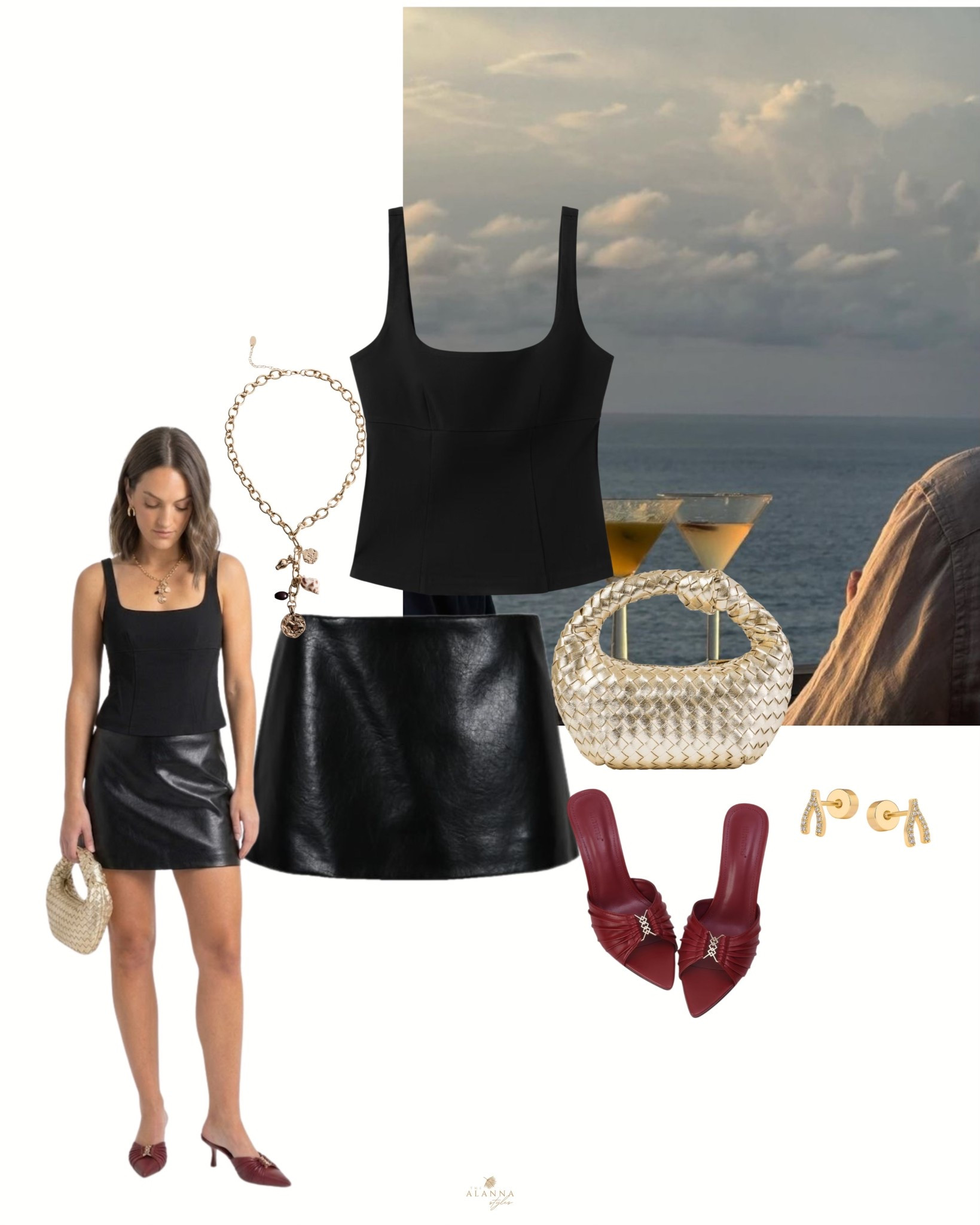 cocktail hour ready. 🍸🖤 you can never go wrong with a sleek black corset top and a leather mini. adding gold woven accessories and a pop of burgundy with these heels makes it feel so sophisticated. the perfect look for dinner with a view. 🌊✨

#LTKootd