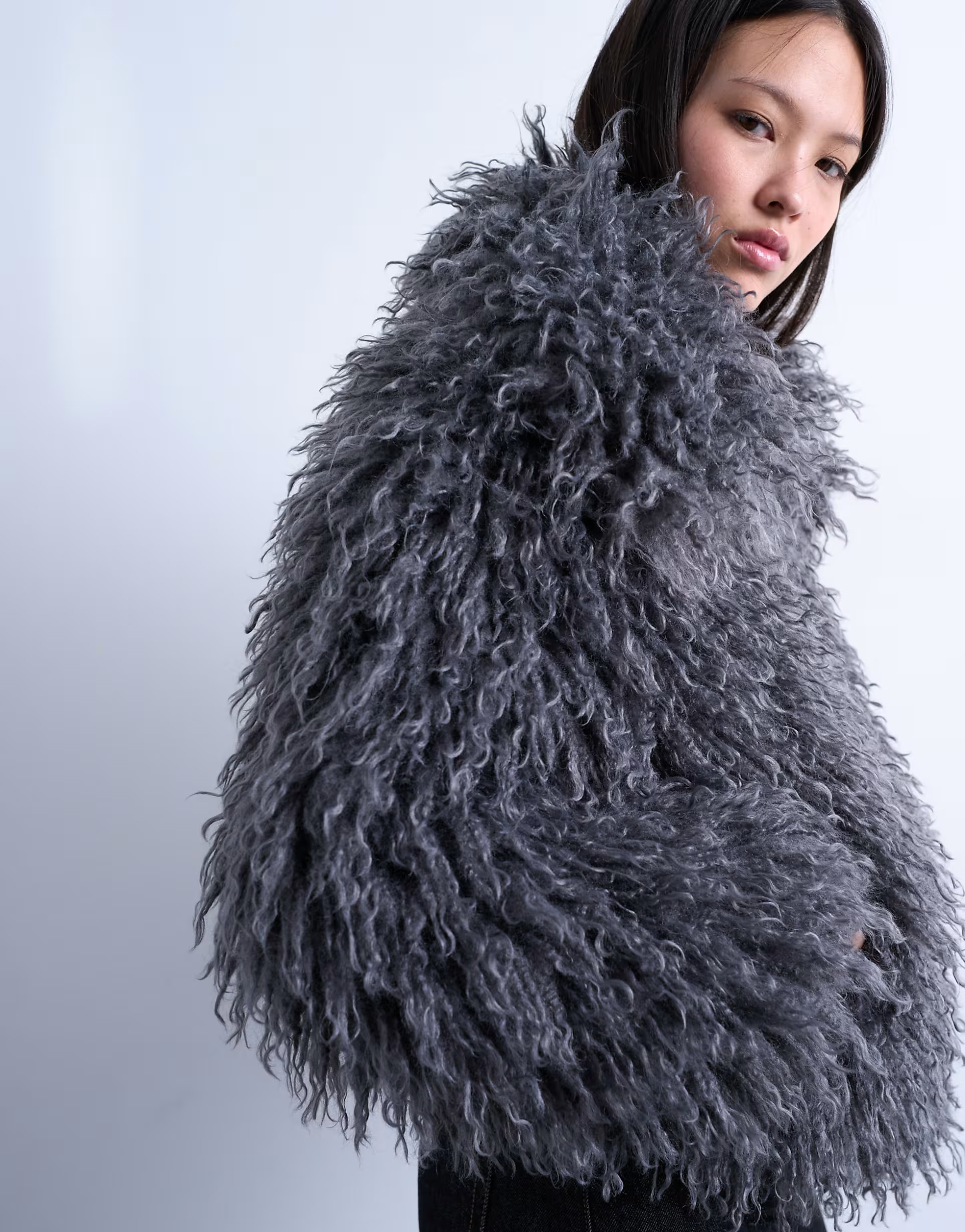Topshop faux fluffy fur bomber coat in gray | ASOS (Global)