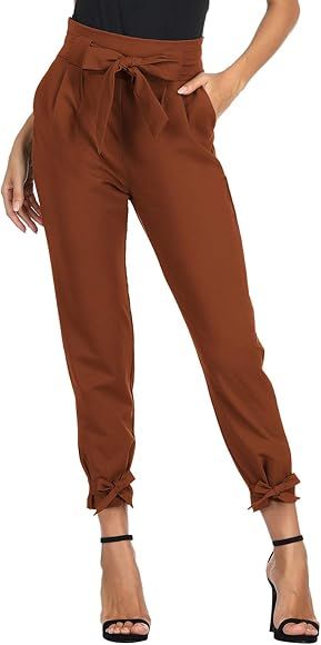 GRACE KARIN Women's Casual Pants Solid High Waist Self Tie Belted Pencil Trouser | Amazon (US)