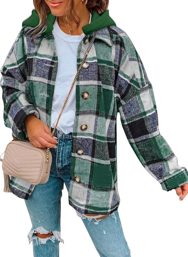 SHEWIN Womens Long Sleeve Button Down Plaid Shirts Flannel Hooded Shacket Jacket Hoodie Coats | Amazon (US)