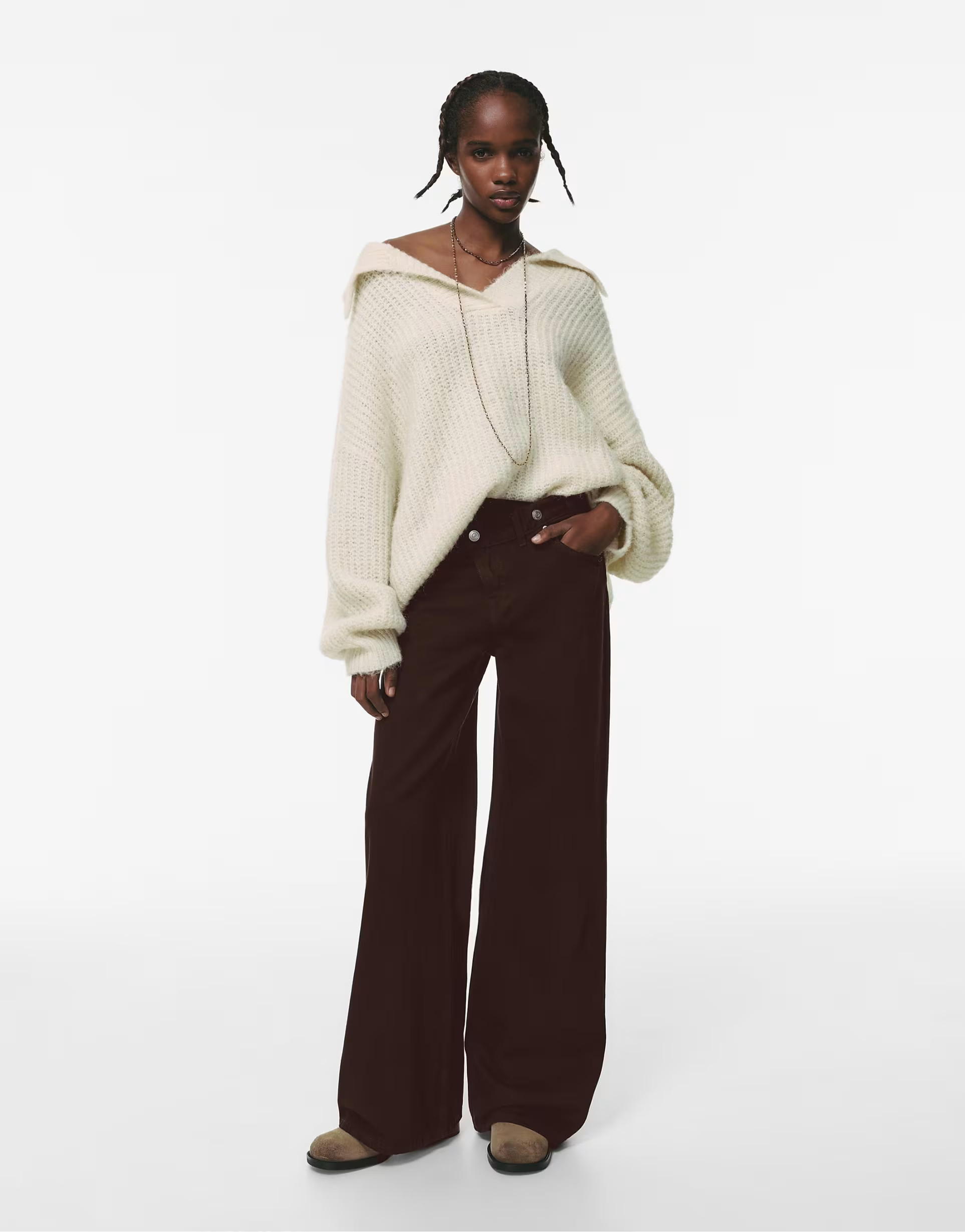 Pull&Bear Wide leg jeans with crossover waistband in brown | ASOS (Global)