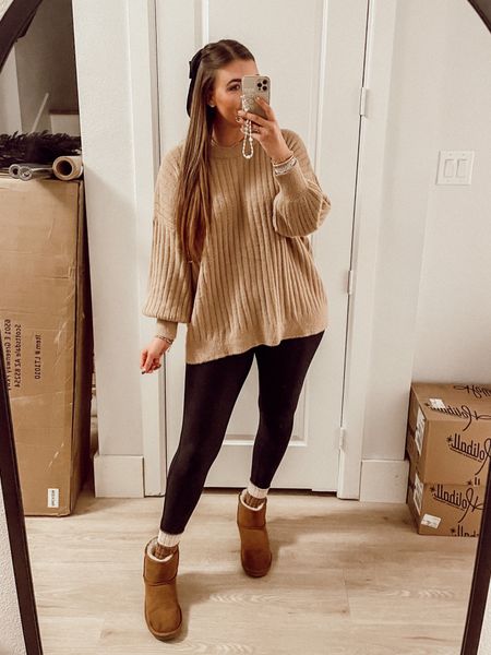 Cozy thanksgiving outfit - aerie soft sweater, tts L. Spanx leather leggings - size up. Ugg boots for less, tts 9. Black hair bow 

#LTKstyletip #LTKCyberweek #LTKHoliday