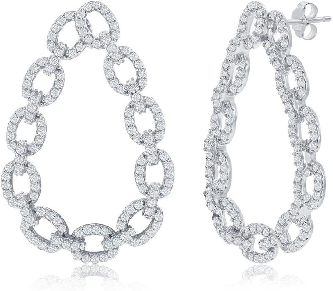 Paperclip Link Design Chain with Simulated Diamond CZ Pear-Shaped Dangling Stud Earrings | Sterli... | Amazon (US)