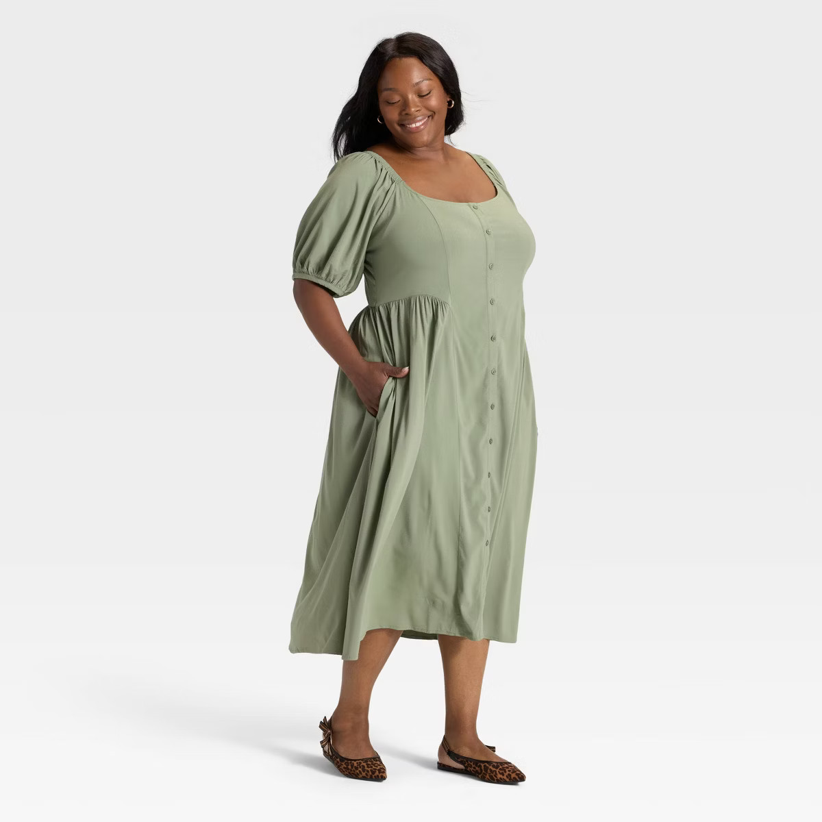 Women's Balloon Short Sleeve Midi Button-Up Dress - Ava & Viv™ | Target