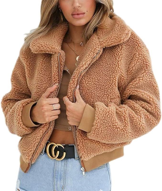Women Casual Fuzzy Sherpa Coats Warm Fluffy Jacket with Fleece Lined Crop top Zipper Faux Jacket ... | Amazon (US)
